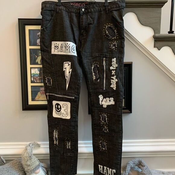 Blepa Mens Black Heavily Adorned Taper Leg Jeans sz 38 - Picture 1 of 5